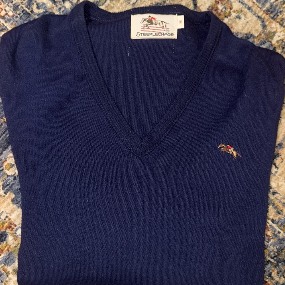 Vintage Steeplechase Navy V-Neck Long Sleeve Blank Logo Sweater MED
